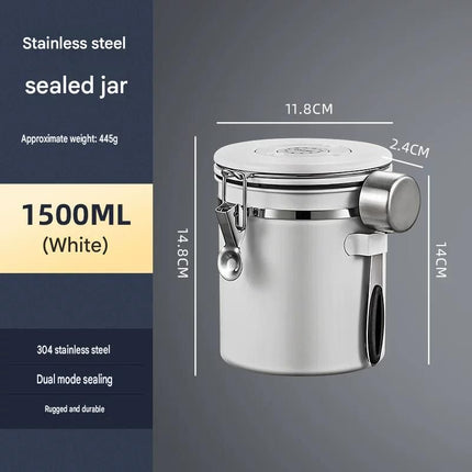 White 304 Stainless Steel Airtight Coffee Canister 1500ml Vacuum Seal Storage Jar with Date Tracker & Measuring Scoop for Coffee Beans Tea Storage