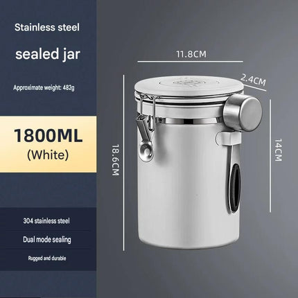 White 304 Stainless Steel Airtight Coffee Canister 1800ml Vacuum Seal Storage Jar with Date Tracker & Measuring Scoop for Coffee Beans Tea Storage