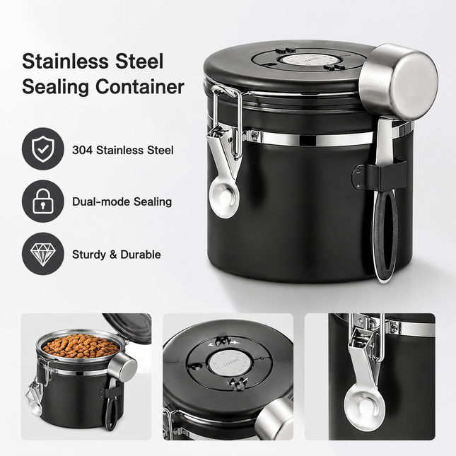 White 304 Stainless Steel Airtight Coffee Canister 1200ml Vacuum Seal Storage Jar with Date Tracker &