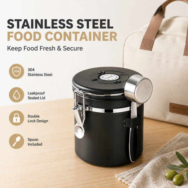 Black 304 Stainless Steel Airtight Coffee Canister 1500ml Vacuum Seal Storage Jar with Date Tracker &