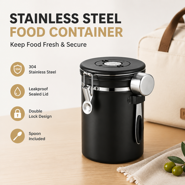 Black 304 Stainless Steel Airtight Coffee Canister 1800ml Vacuum Seal Storage Jar with Date Tracker &
