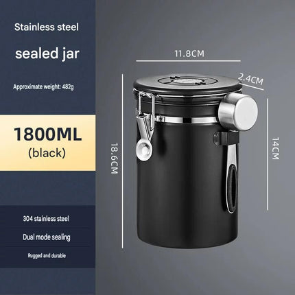 Black 304 Stainless Steel Airtight Coffee Canister 1800ml Vacuum Seal Storage Jar with Date Tracker & Measuring Scoop for Coffee Beans Tea Storage