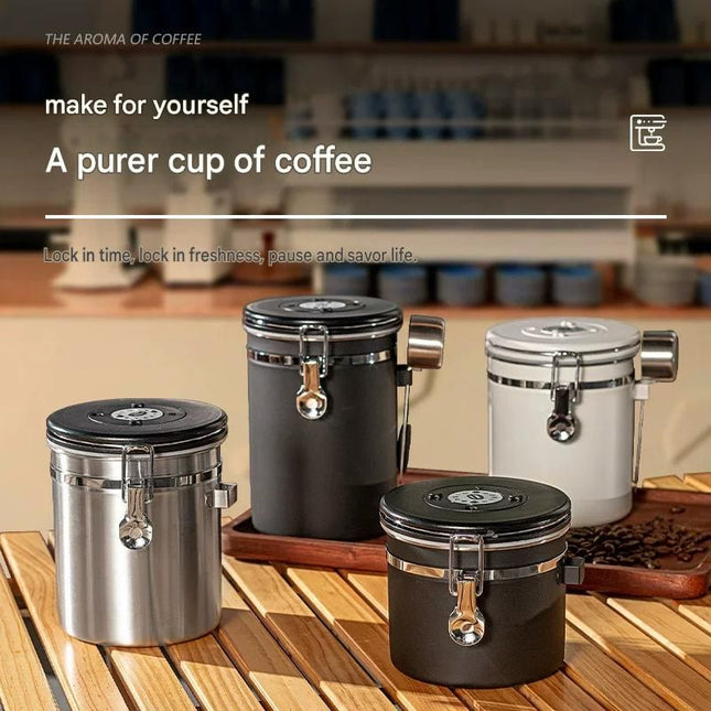 White 304 Stainless Steel Airtight Coffee Canister 1200ml Vacuum Seal Storage Jar with Date Tracker & – product detail