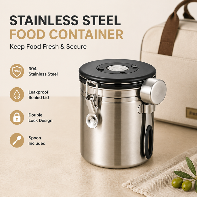 Silver 304 Stainless Steel Airtight Coffee Canister 1500ml Vacuum Seal Storage Jar with Date Tracker &