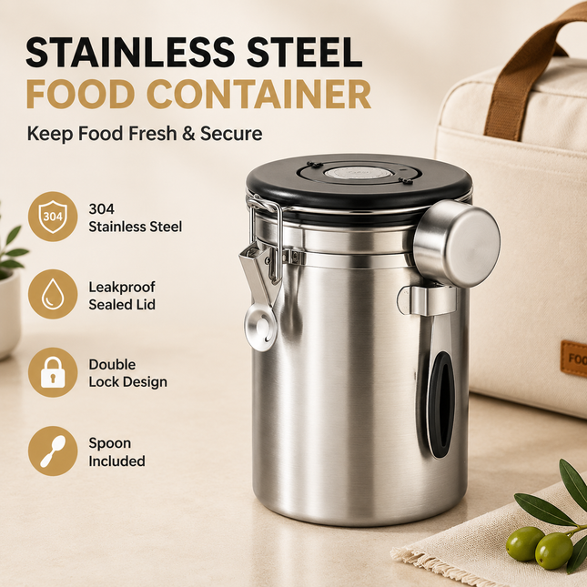 Silver 304 Stainless Steel Airtight Coffee Canister 1800ml Vacuum Seal Storage Jar with Date Tracker &