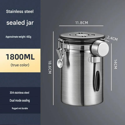 Silver 304 Stainless Steel Airtight Coffee Canister 1800ml Vacuum Seal Storage Jar with Date Tracker & Measuring Scoop for Coffee Beans Tea Storage