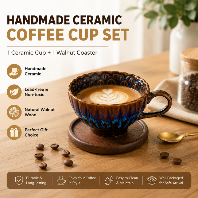 Blue Handmade Ceramic Coffee Cup Set with Walnut Coaster Kiln-Glazed Espresso Mug 180ml Premium Coffee &