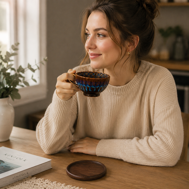 Blue Handmade Ceramic Coffee Cup Set with Walnut Coaster Kiln-Glazed Espresso Mug 180ml Premium Coffee & – product detail