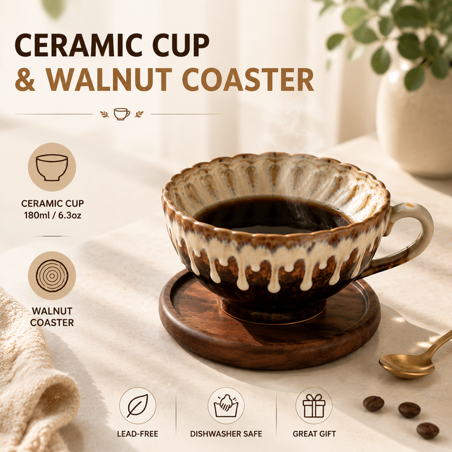 Brown and white Handmade Ceramic Coffee Cup Set with Walnut Coaster Kiln-Glazed Espresso Mug 180ml Premium