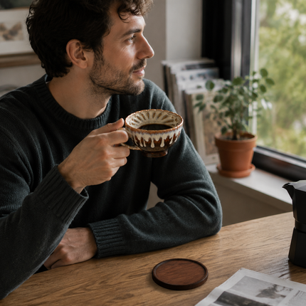 Brown and white Handmade Ceramic Coffee Cup Set with Walnut Coaster – Kiln-Glazed Espresso Mug 180ml, Premium Coffee & Tea Cup Gift Set