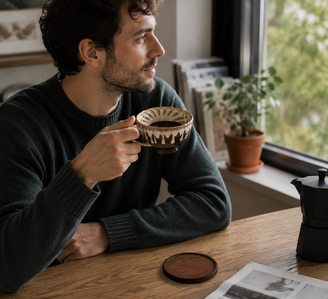 Brown and white Handmade Ceramic Coffee Cup Set with Walnut Coaster Kiln-Glazed Espresso Mug 180ml Premium – product detail