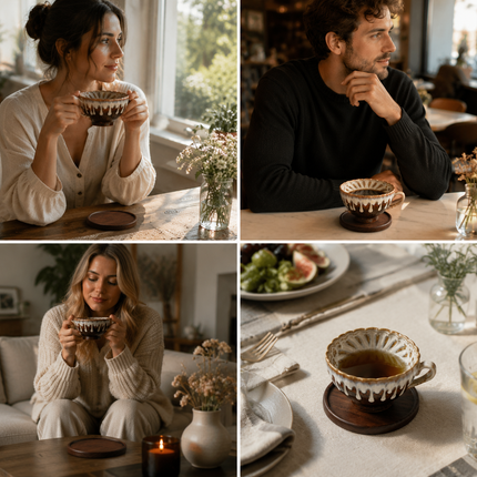 Brown and white Handmade Ceramic Coffee Cup Set with Walnut Coaster – Kiln-Glazed Espresso Mug 180ml, Premium Coffee & Tea Cup Gift Set