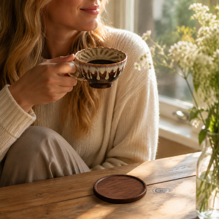 Brown and white Handmade Ceramic Coffee Cup Set with Walnut Coaster – Kiln-Glazed Espresso Mug 180ml, Premium Coffee & Tea Cup Gift Set