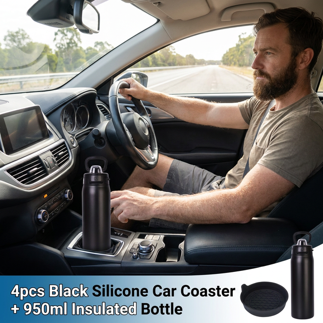 950ml Insulated Stainless Steel Bottle with 4PCS Silicone Anti-Slip Car Cup Coasters Leakproof Travel Drink