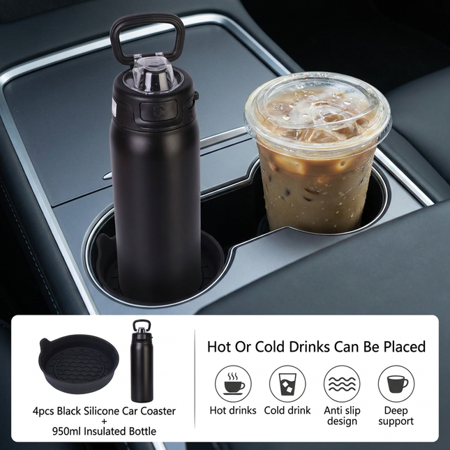 950ml Insulated Stainless Steel Bottle with 4PCS Silicone Anti-Slip Car Cup Coasters Leakproof Travel – product detail