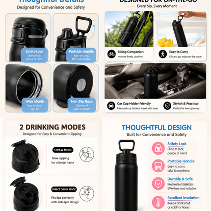 950ml Insulated Stainless Steel Bottle with 4PCS Silicone Anti-Slip Car Cup Coasters – Leakproof Travel Drink Set for Car & Home Use