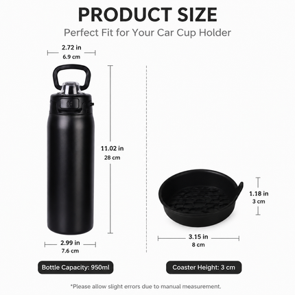 950ml Insulated Stainless Steel Bottle with 4PCS Silicone Anti-Slip Car Cup Coasters – Leakproof Travel Drink Set for Car & Home Use