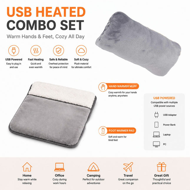 USB Heated Hand Warmer Bag & Foot Warmer Pad Combo Set Electric Plush Heating Cushion for Home Office &