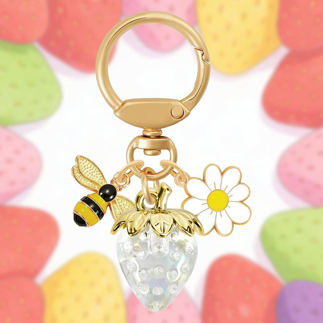Crystal White Strawberry Bee Daisy Keychain