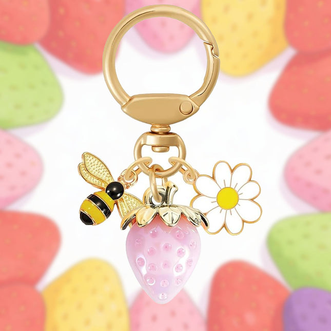 Solid Pink Strawberry Bee Daisy Keychain