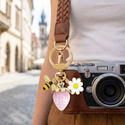 Solid Pink Strawberry Bee Daisy Keychain - Gold Metal Ring with Rhinestone Fruit Charm, Cute Bag Accessory for Women and Girls
