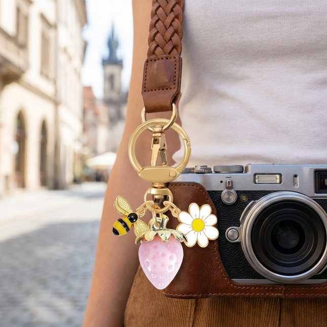 Solid Pink Strawberry Bee Daisy Keychain – product detail