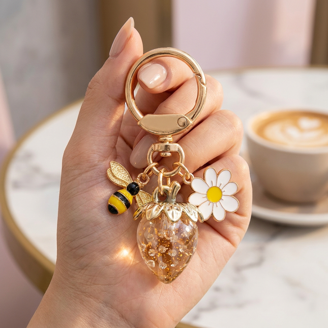 Crystal Gold Strawberry Bee Daisy Keychain