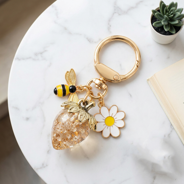 Crystal Gold Strawberry Bee Daisy Keychain – product detail
