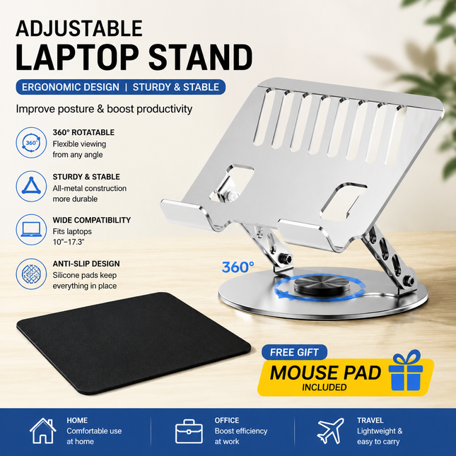 Adjustable aluminum alloy laptop stand (20 20CM) with mouse pad (21 25cm) adjustable height and