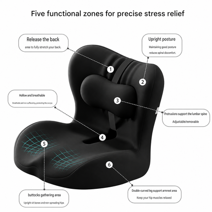 Ergonomic Memory Foam Seat Cushion with Black Support Integrated One Piece Design Pressure Relief Chair Cushion Black for Office Car Home Use