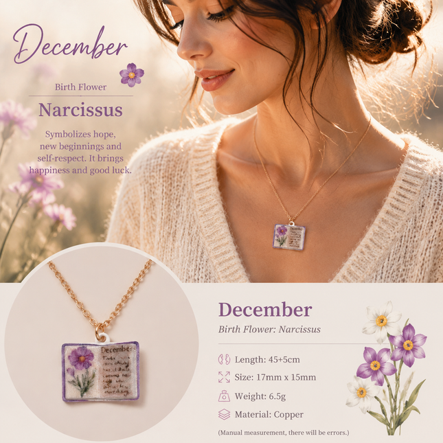 Vintage-style book necklace with December birthday flowers a luxurious gold-plated bronze exquisite floral