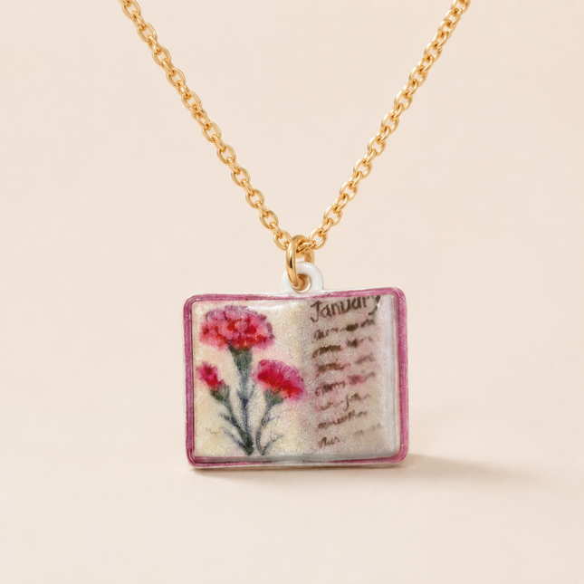 Vintage-style book necklace with January birthday flowers a luxurious gold-plated bronze exquisite floral