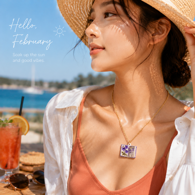 Vintage-style book necklace with February birthday flowers a luxurious gold-plated bronze exquisite floral – product detail