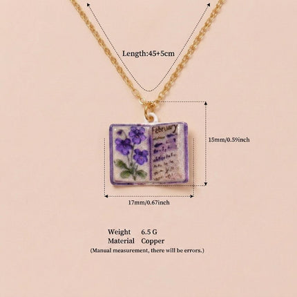 Vintage-style book necklace with February birthday flowers, a luxurious gold-plated bronze exquisite floral pendant gift