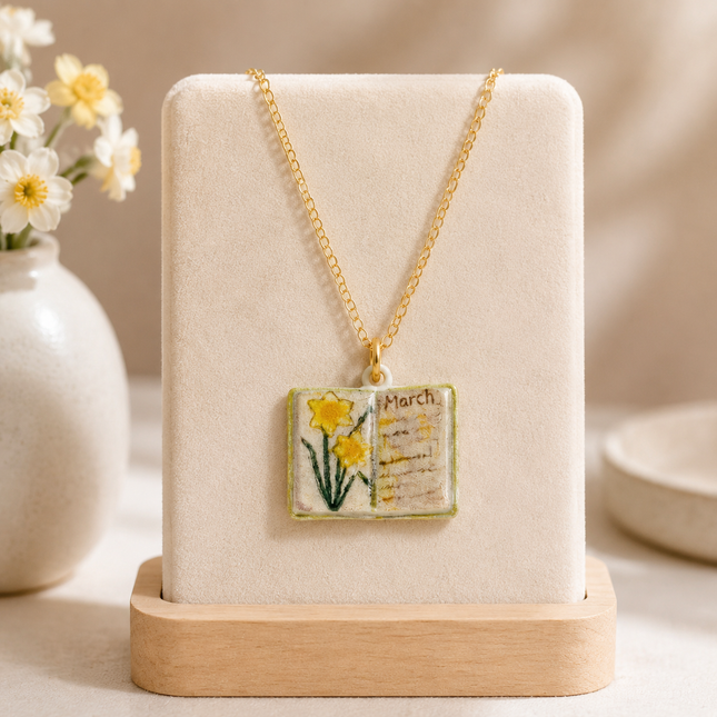 Vintage-style book necklace with March birthday flowers a luxurious gold-plated bronze exquisite floral