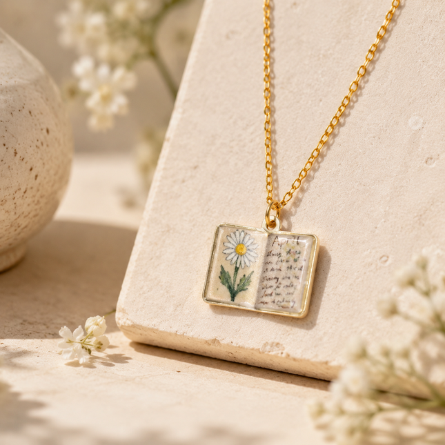 Vintage-style book necklace with April birthday flowers a luxurious gold-plated bronze exquisite floral