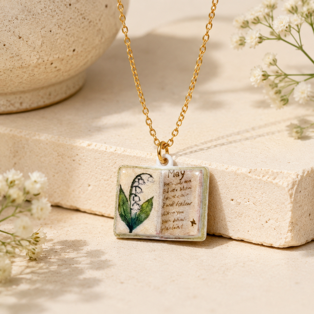 Vintage-style book necklace with May birthday flowers a luxurious gold-plated bronze exquisite floral