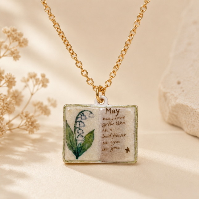 Vintage-style book necklace with May birthday flowers a luxurious gold-plated bronze exquisite floral – product detail