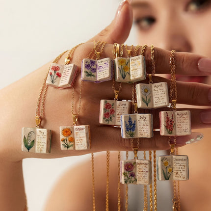 Vintage-style book necklace with May birthday flowers, a luxurious gold-plated bronze exquisite floral pendant gift