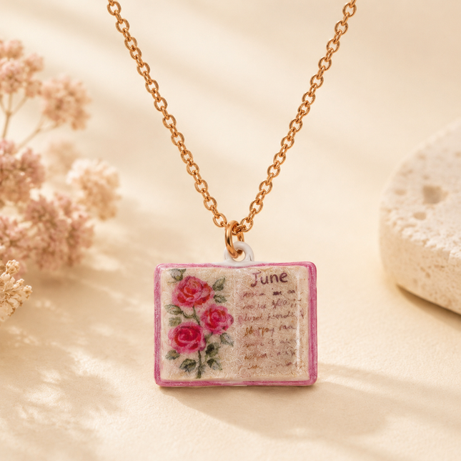 Vintage-style book necklace with June birthday flowers a luxurious gold-plated bronze exquisite floral