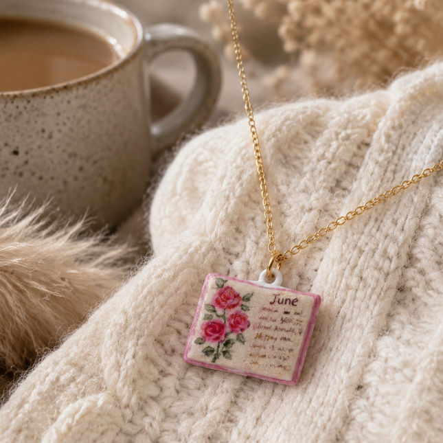 Vintage-style book necklace with June birthday flowers a luxurious gold-plated bronze exquisite floral – product detail