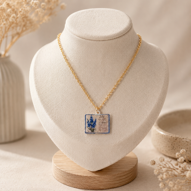 Vintage-style book necklace with July birthday flowers a luxurious gold-plated bronze exquisite floral