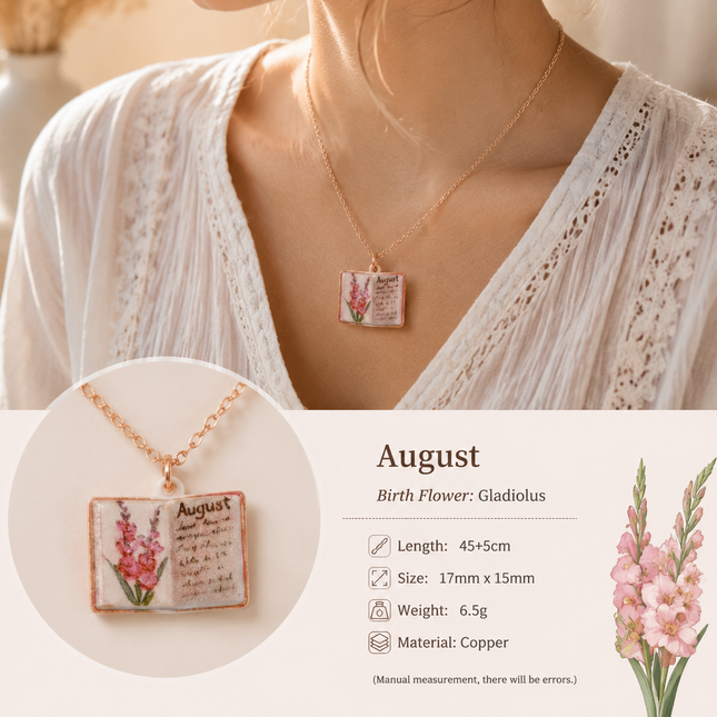 Vintage-style book necklace with August birthday flowers a luxurious gold-plated bronze exquisite floral