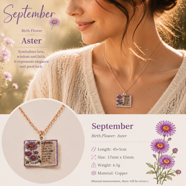 Vintage-style book necklace with September birthday flowers a luxurious gold-plated bronze exquisite floral