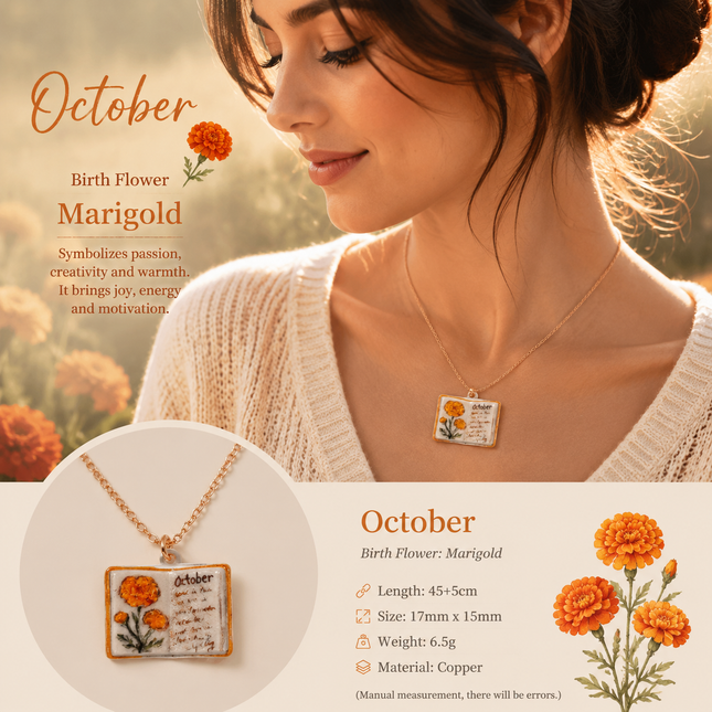 Vintage-style book necklace with October birthday flowers a luxurious gold-plated bronze exquisite floral