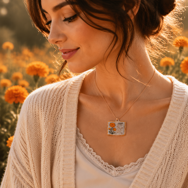 Vintage-style book necklace with October birthday flowers a luxurious gold-plated bronze exquisite floral – product detail
