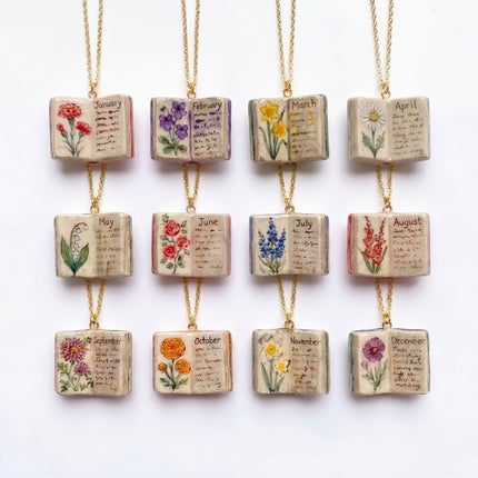 Vintage-style book necklace with October birthday flowers, a luxurious gold-plated bronze exquisite floral pendant gift