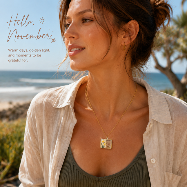 Vintage-style book necklace with November birthday flowers a luxurious gold-plated bronze exquisite floral