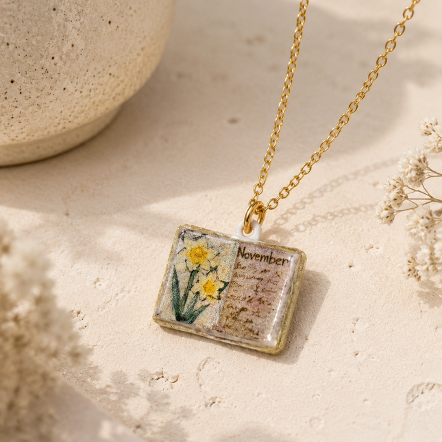 Vintage-style book necklace with November birthday flowers a luxurious gold-plated bronze exquisite floral – product detail