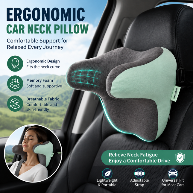 Ergonomic Car Neck Pillow Memory Foam Headrest Cushion (Grey Mint Green) Adjustable Strap Breathable Neck